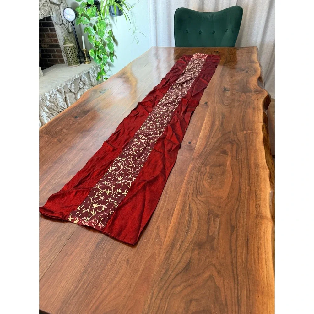 Red Gold Floral Embroidered Table Runner Style 72x13 Holiday Luxury